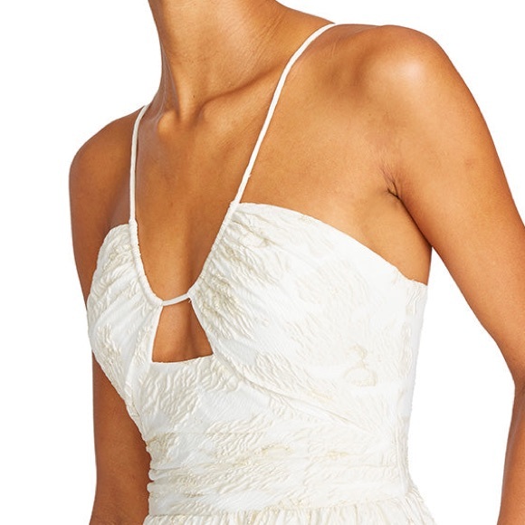 NWT MONIQUE LHUILLIER Spaghetti strap Metallic Jacquard Midi Dress - Ivory - Picture 7 of 16